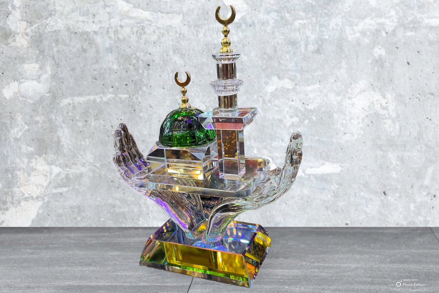 Crystal Cut Clear Islamic Hand In Mosque Eid Ramadan Desk Gift Box