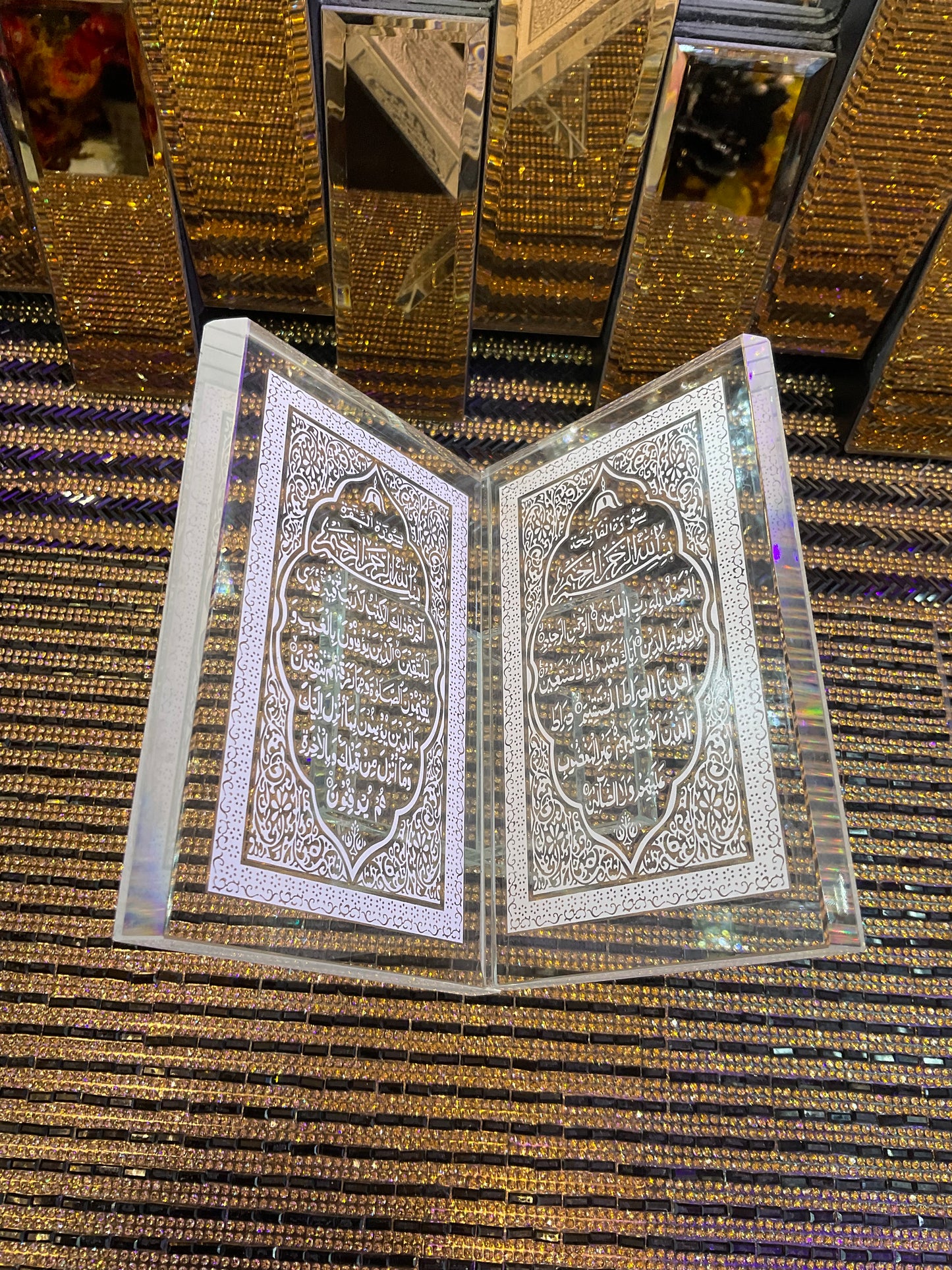 Crystal Quran and rehal handcrafted replica with Arabic word calligraphy engraved Islamic souvenir religious occasions Ramadan Eid gift