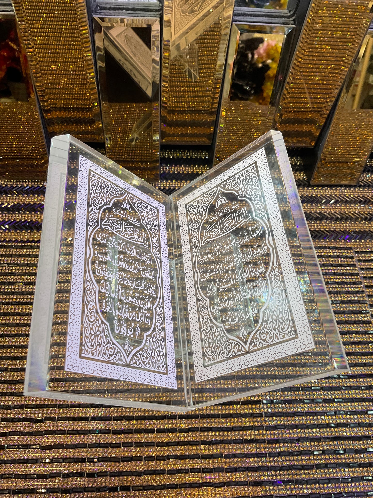 Crystal Quran and rehal handcrafted replica with Arabic word calligraphy engraved Islamic souvenir religious occasions Ramadan Eid gift