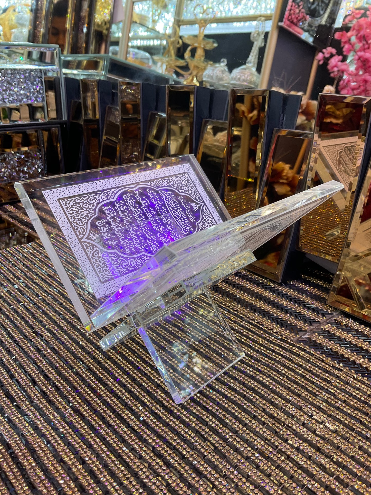 Crystal Quran and rehal handcrafted replica with Arabic word calligraphy engraved Islamic souvenir religious occasions Ramadan Eid gift