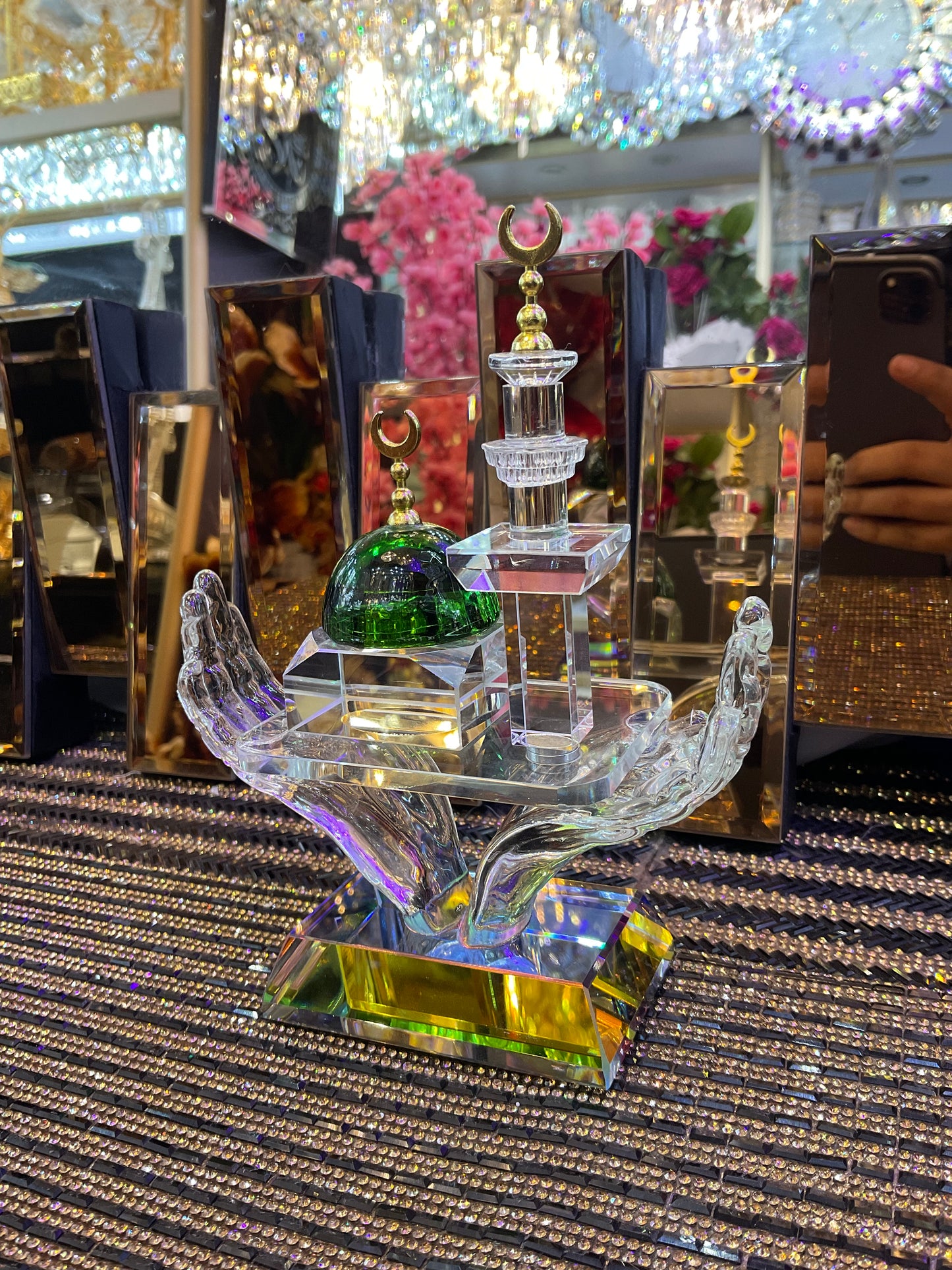 Crystal Cut Clear Islamic Hand In Mosque Eid Ramadan Desk Gift Box