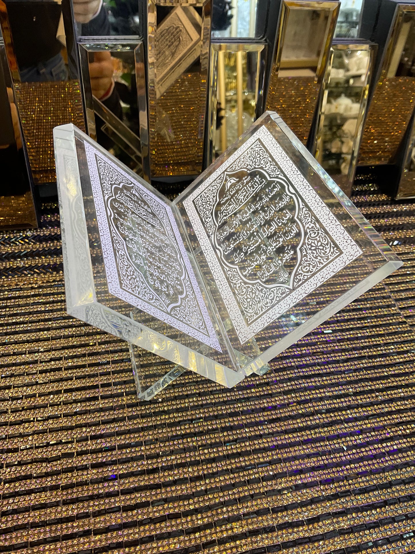 Crystal Quran and rehal handcrafted replica with Arabic word calligraphy engraved Islamic souvenir religious occasions Ramadan Eid gift