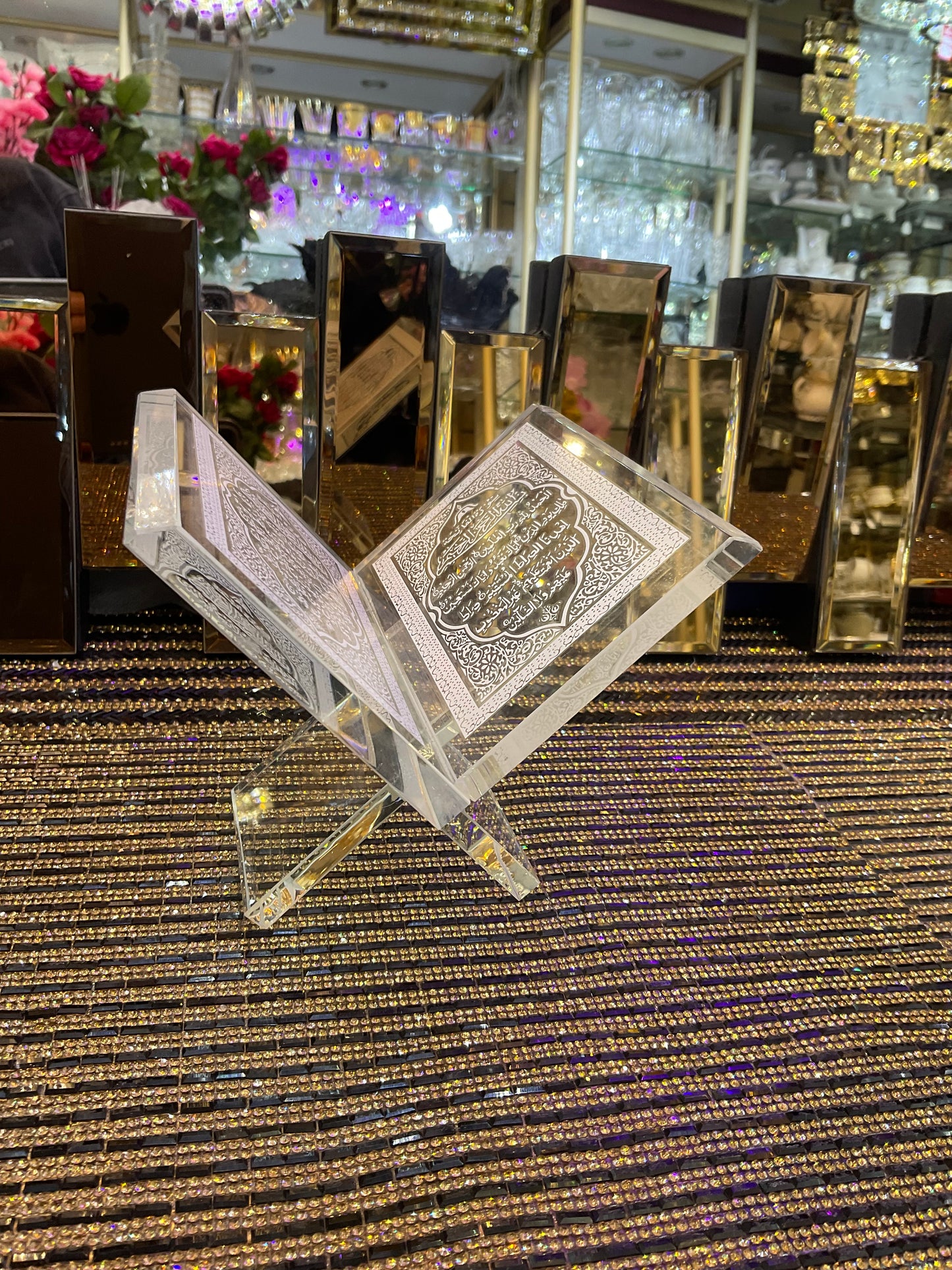 Crystal Quran and rehal handcrafted replica with Arabic word calligraphy engraved Islamic souvenir religious occasions Ramadan Eid gift